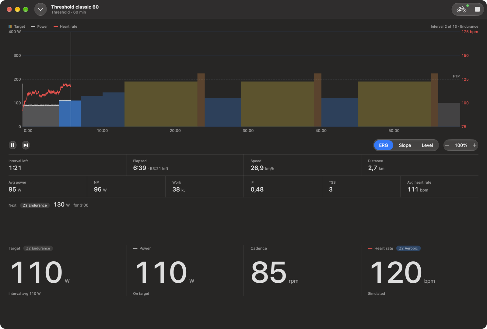 Ride on Mac, running a threshold workout in ERG mode